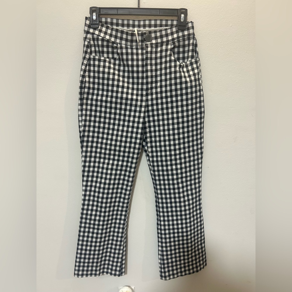 Free People Gingham Jeans – Black & White Checkered Cropped Flare Denim
 0075
